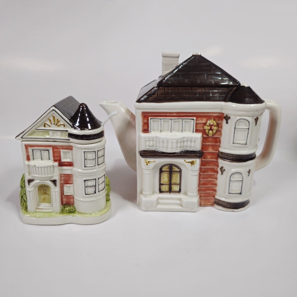 Vintage Otagiri 2Pc Hand Painted Cottage House Teapot and Sugar Set Japan